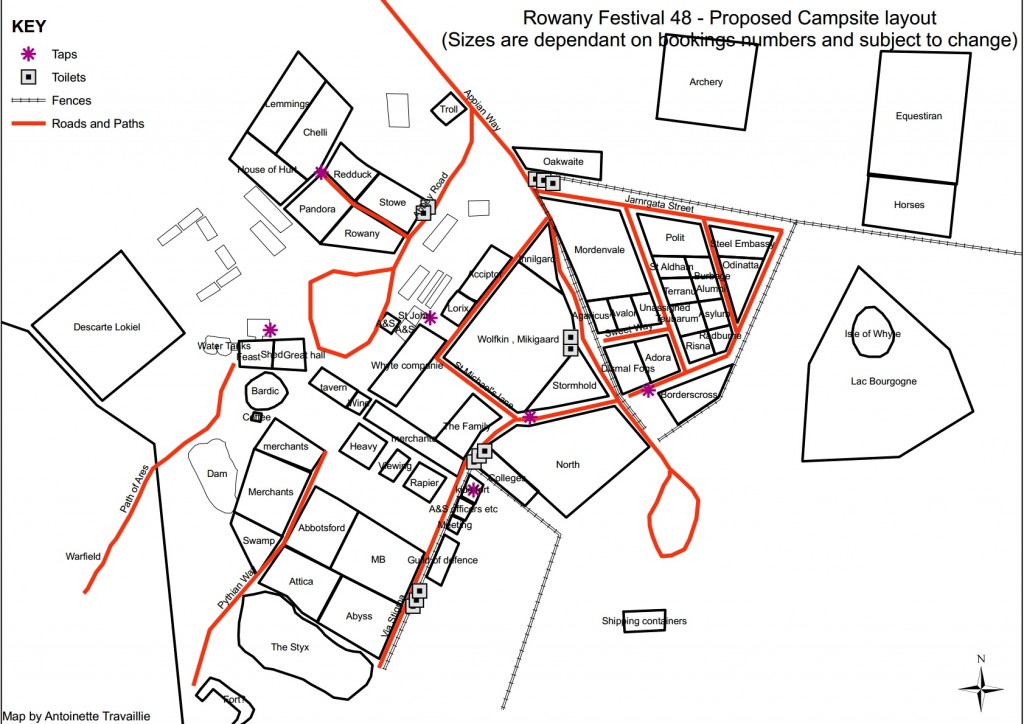 The camp map of Rowany Festival AS48, drawn by THL Antoinette Travaillie April 2014