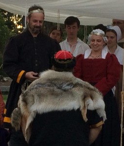 Count Sir Theuderic is presented with the extant spur for winning the H-FAT by the Baron and Baroness of Rowany. Photo by THL Ceara Shionnach April 2014