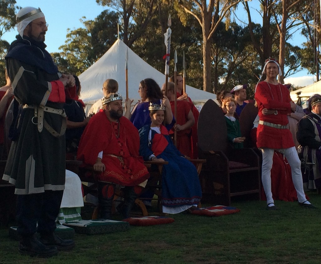 The Barons of Rowany and Politarchopolis go head to head over ownership of Okewaite in opening court at Rowany Festival Source: photo by THL Ceara Shionnach April 2014