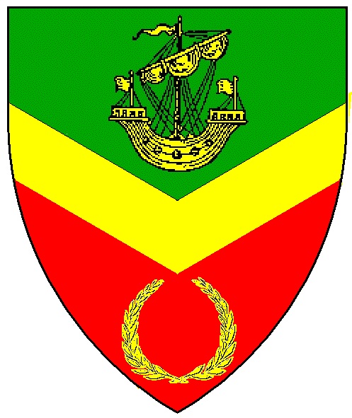 Arms of the Barony of Mordenvale: "Per chevron inverted vert and gules a chevron inverted between a lymphad and a laurel wreath Or