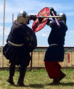 Riddarri Lucas (left) and His Majesty Niall (right) competing in armoured combat. Photo by TH Lady Ceara Shionnach, November 2014.