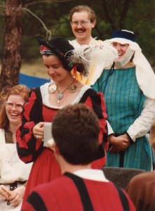 Mistress Rowan Perigrynne, first Baroness of Rowany, at Rowany Festival. Photo by Master John of the Hills, 1986.