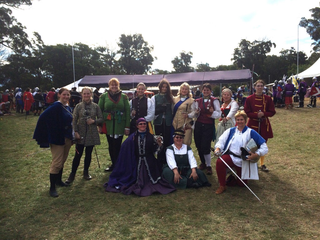 Ladies Rapier Tournament entrants from Rownay Festival AS49. Photo by THL Ceara Shionnach, April 2015.