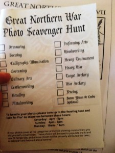 Lady Flurs' photo scavenger list. Photo by TH Lady Ceara Shionnach, June 2015.