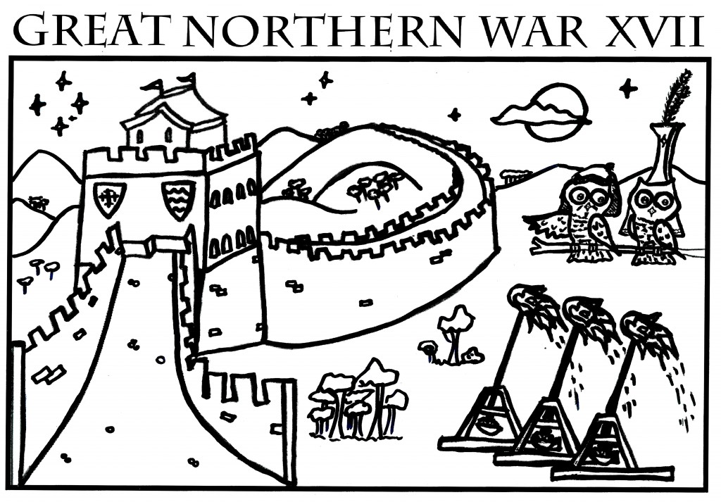 The design on the red GNW 2015 t-shirts was a scene depicting Mongowls (in honour of the Kahn and Khatun) invading the Northern Reaches. It was drawn by TH Lady Ceara Shionnach, 2015.