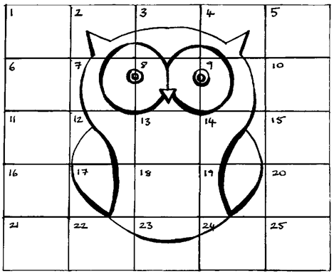 The owl grid, drawn by TH Lady Christine Bes Duvaunt, June 2015.