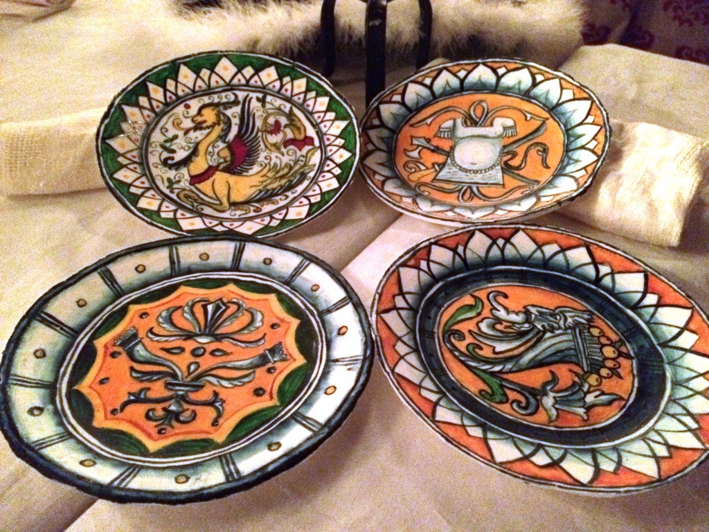Four of the smaller, majolica-style plate sotelties. Photo by THB Ceara Shionnach, July 2015.