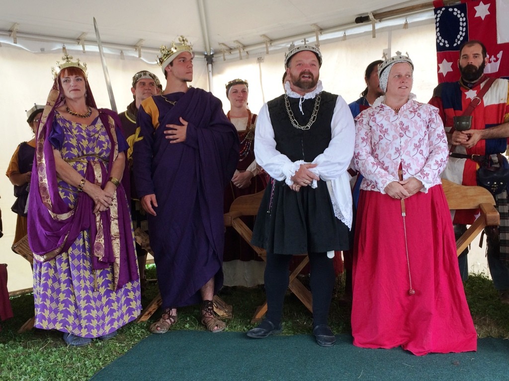 The Crowns of Calontir and Lochac held a joint court at Pennsic War 44. Photo by THB Ceara Shionnach, August 2015.
