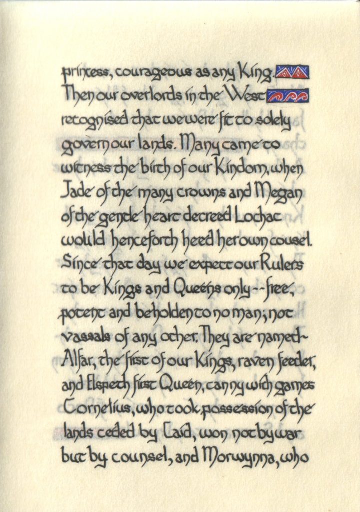 Page 10 of The Lochac Saga, written by His Excellency Giles Leabrook and illuminated by Lady Katherine Alicia of Sarum.