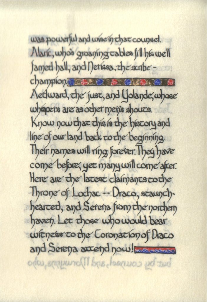 Page 11 of The Lochac Saga, written by His Excellency Giles Leabrook and illuminated by Lady Katherine Alicia of Sarum.