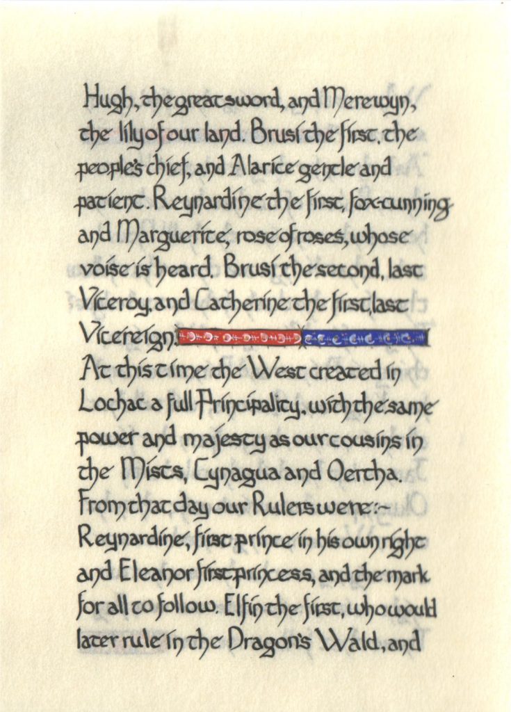 Page 5 of The Lochac Saga, written by His Excellency Giles Leabrook and illuminated by Lady Katherine Alicia of Sarum.