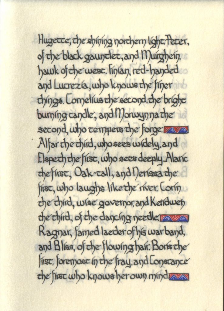 Page 8 of The Lochac Saga, written by His Excellency Giles Leabrook and illuminated by Lady Katherine Alicia of Sarum.