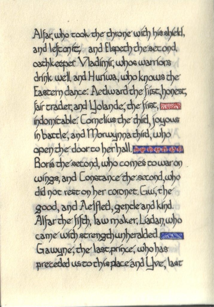 Page 9 of The Lochac Saga, written by His Excellency Giles Leabrook and illuminated by Lady Katherine Alicia of Sarum.