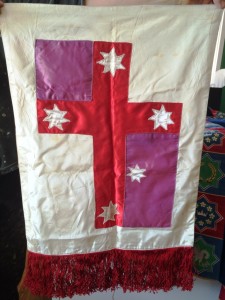 The first Kingdom of Cumberland banner. Note that the blue has faded to purple. Banner by Robyn Brehony, photo by Ceara Shionnach.